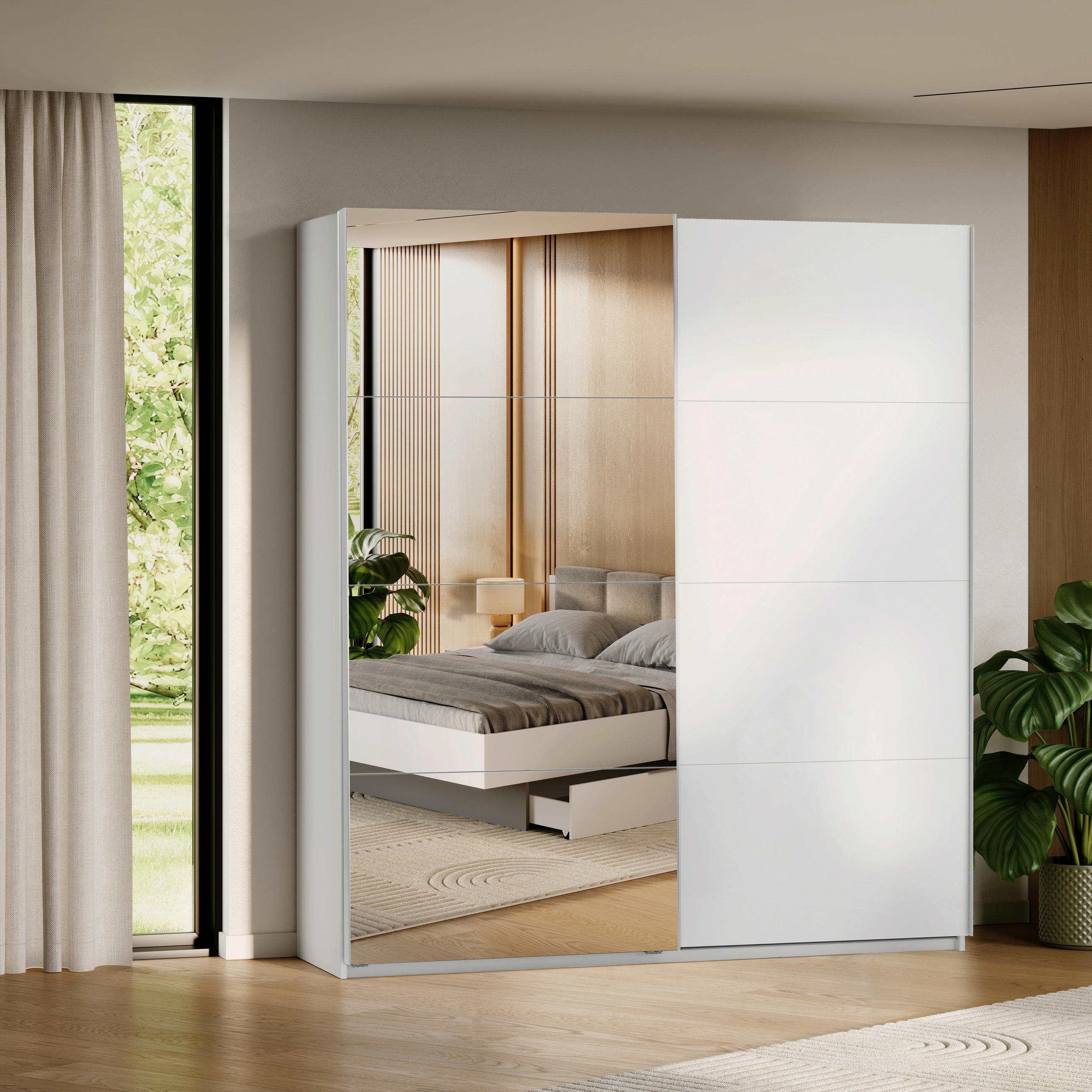 SCHIEBETÜRENSCHRANK 200/210/62 cm 2-türig Weiß  - Weiß Hochglanz/Alufarben, MODERN, Holzwerkstoff/Metall (200/210/62cm) - MID.YOU