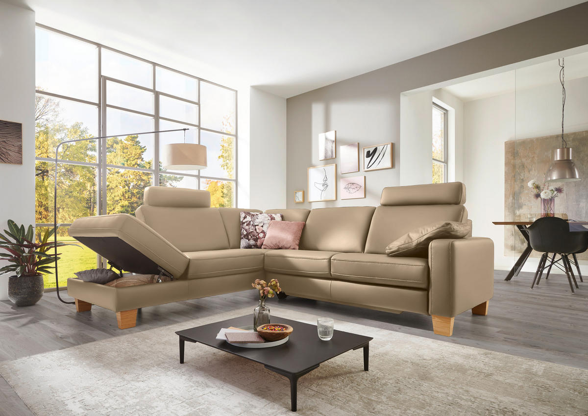 ECKSOFA in Echtleder Greige  - Eiche Bianco/Greige, Konventionell, Leder/Holz (235/257cm) - Valdera