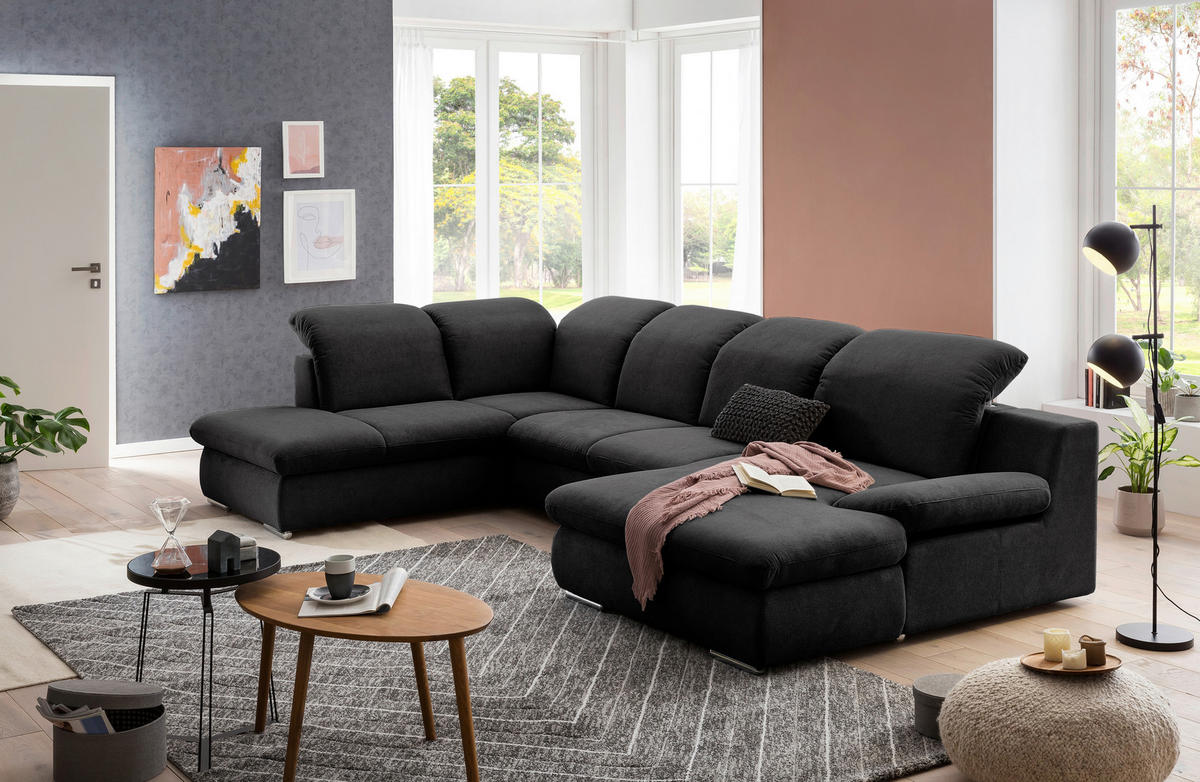 WOHNLANDSCHAFT in Chenille Schwarz  - Chromfarben/Schwarz, Design, Textil/Metall (212/353/165cm) - Livetastic