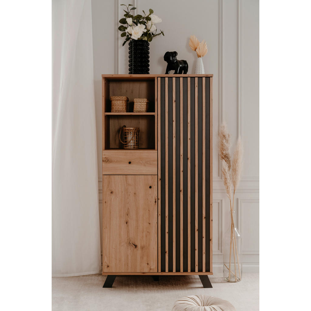 Thumbnail - Mid.you Highboard, Anthrazit, Eiche Artisan, Metall, 4 Fächer, 1 Schubladen, 80x156x40 cm, stehend, Wohnzimmer, Kommoden...