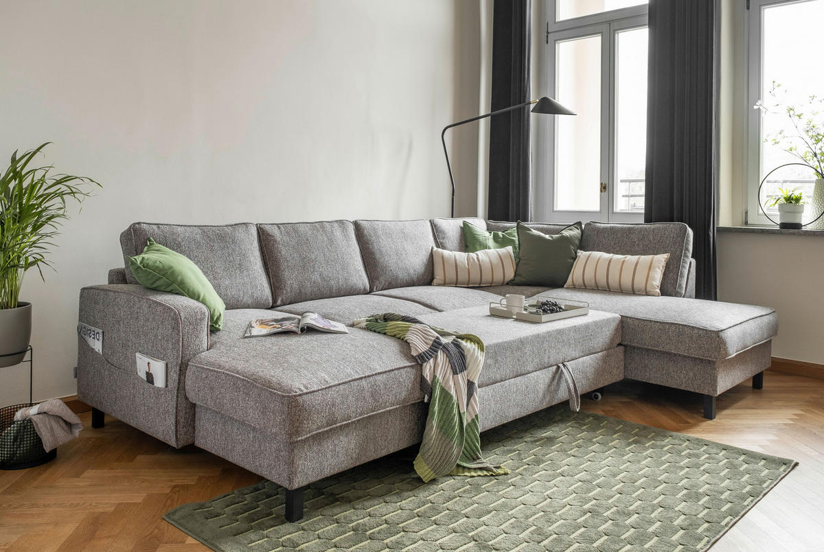 SOFFA i struktur grå  - svart/grå, trä/textil (148/298/198cm) - MID.YOU