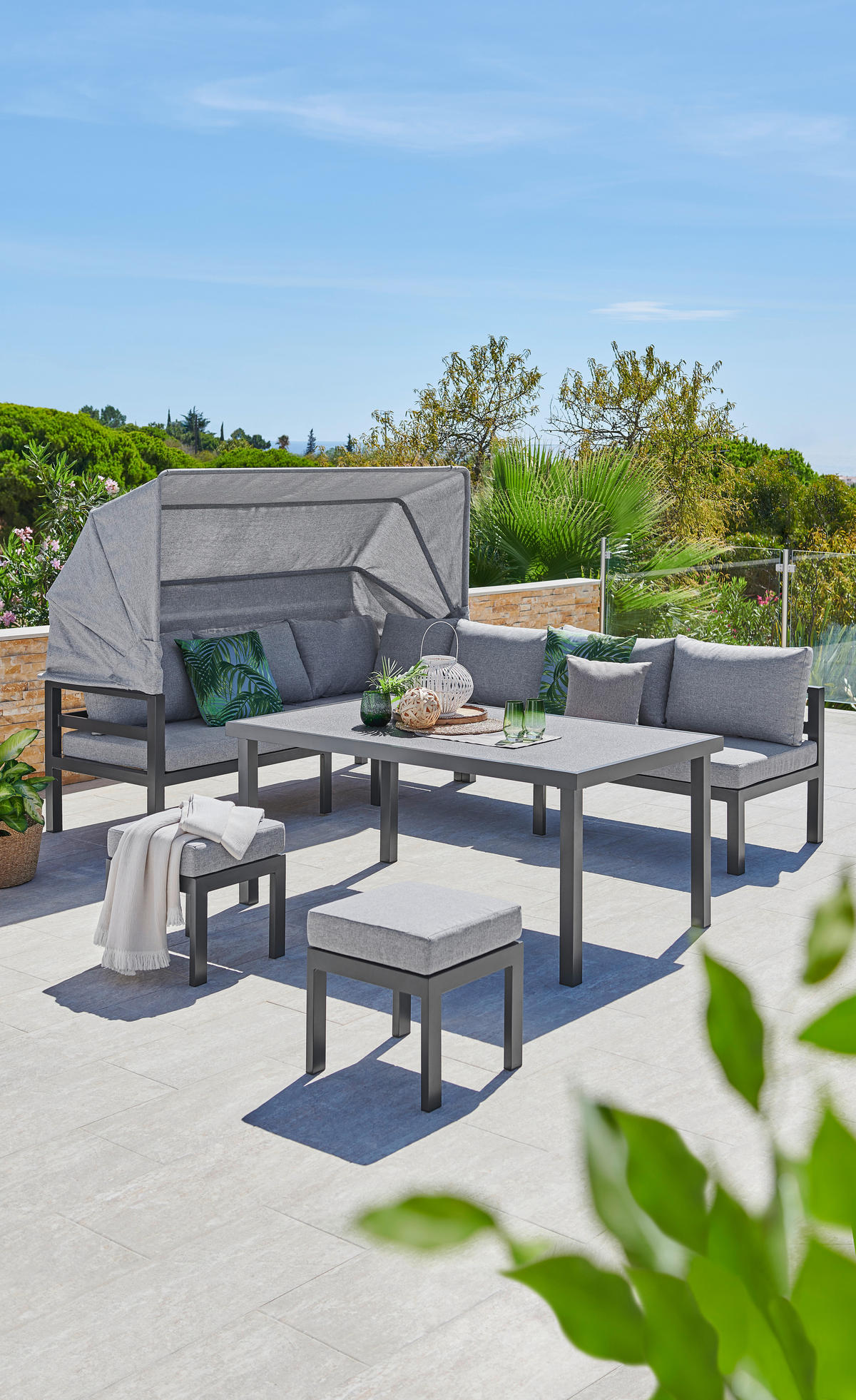 LOUNGEGARNITUR 200/260 cm Aluminium  - Dunkelgrau/Anthrazit, Design, Glas/Textil (200/260cm) - Amatio