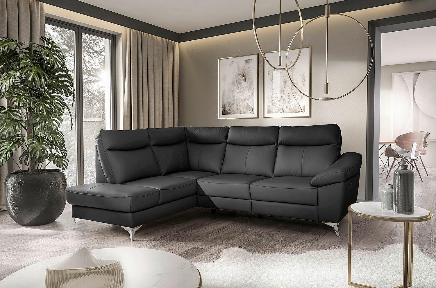 ECKSOFA Schwarz Echtleder Lederlook  - Chromfarben/Schwarz, Design, Leder/Textil (194/242cm) - Livetastic