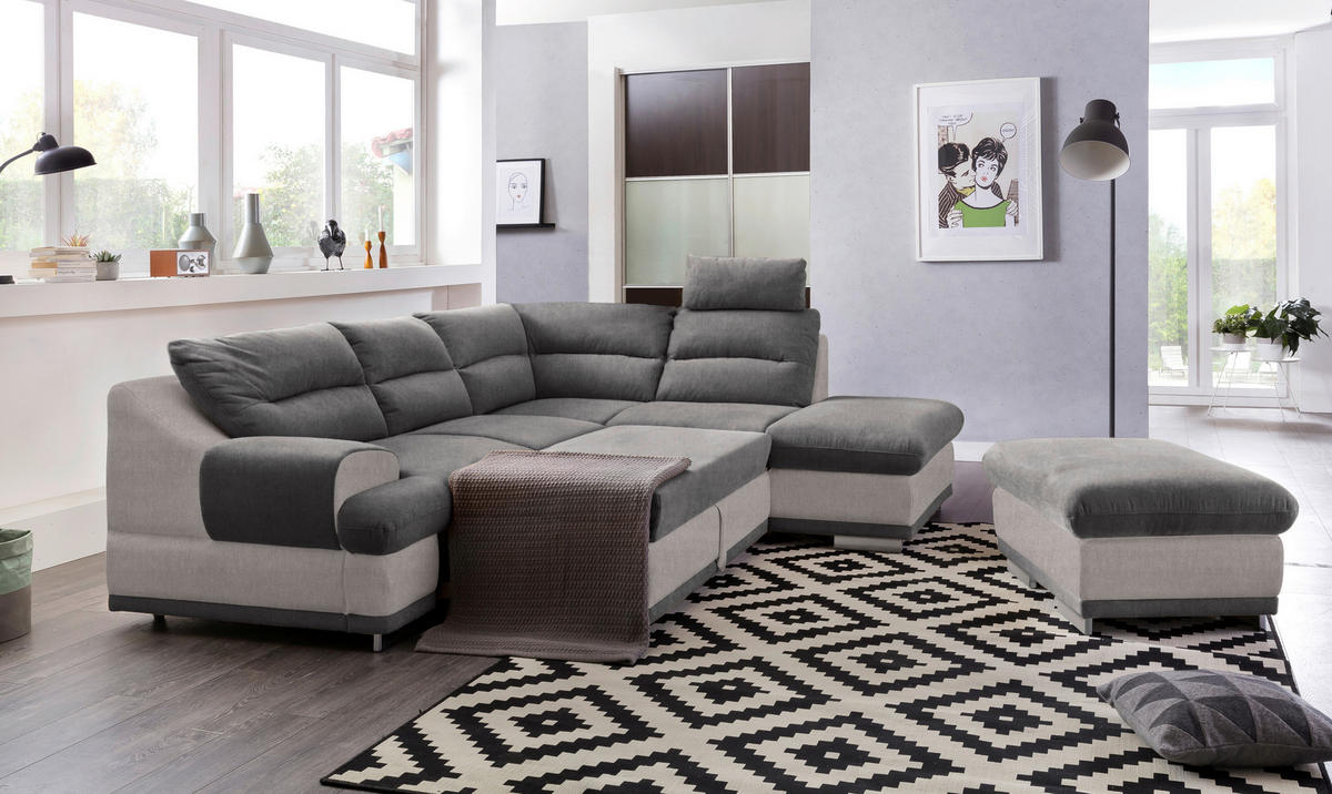 ECKSOFA Anthrazit, Hellgrau Velours  - Chromfarben/Anthrazit, KONVENTIONELL, Textil/Metall (264/217cm) - MID.YOU