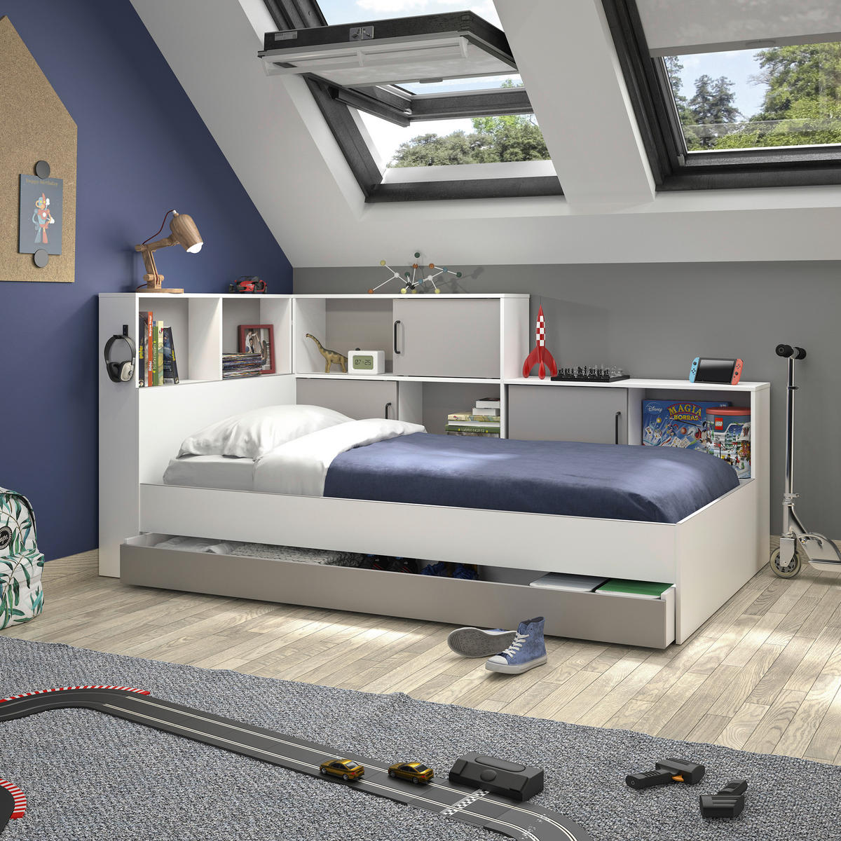 KREVET S PROSTOR. ZA ODLAGANJ   90/200 cm   siva, bijela  - bijela/siva, Moderno, drvni materijal (90/200cm) - MID.YOU