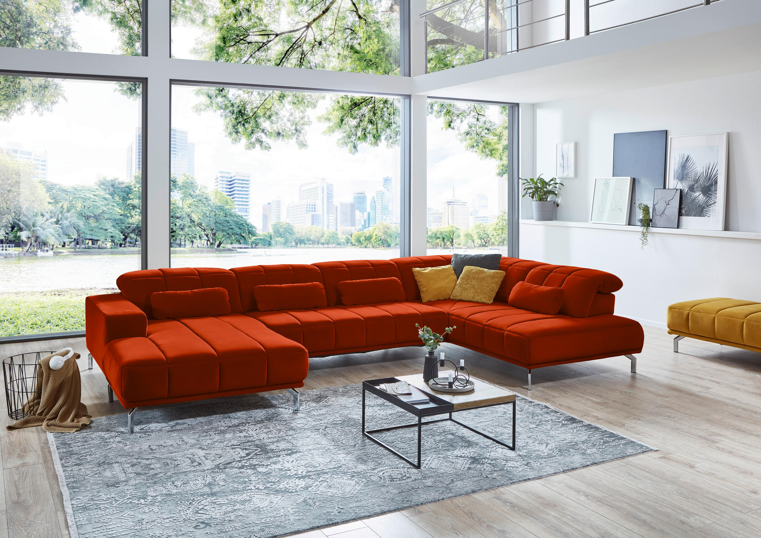 WOHNLANDSCHAFT Orange Velours  - Schwarz/Orange, Design, Textil/Metall (195/383/219cm) - Beldomo Style