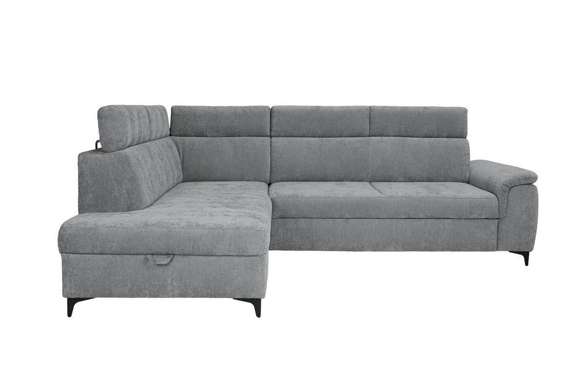 ECKSOFA Dunkelgrau Chenille Bettkasten, Schlaffunktion, Rücken echt, Kopfteilverstellung, Liegefläche im Originalstoff  - Dunkelgrau/Schwarz, KONVENTIONELL, Textil/Metall (206/265cm) - Carryhome