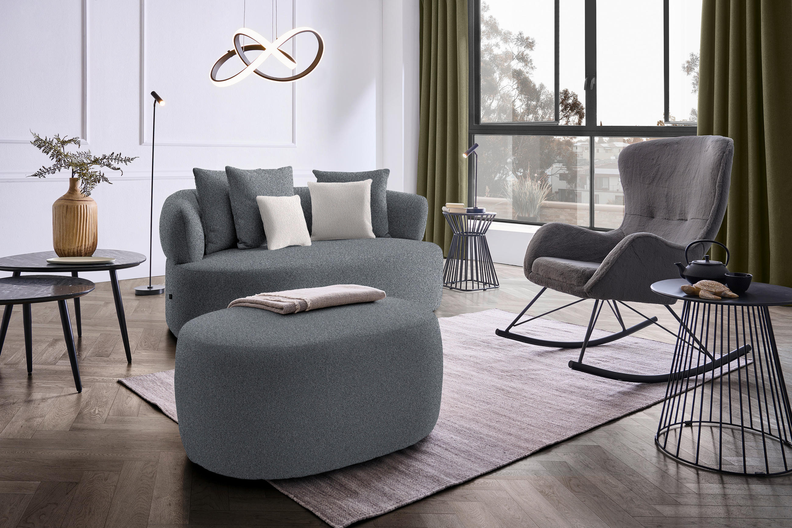 2-SITZER-SOFA in Bouclé Grau  - Schwarz/Altrosa, MODERN, Kunststoff/Textil (177/86/105cm) - Hom`in