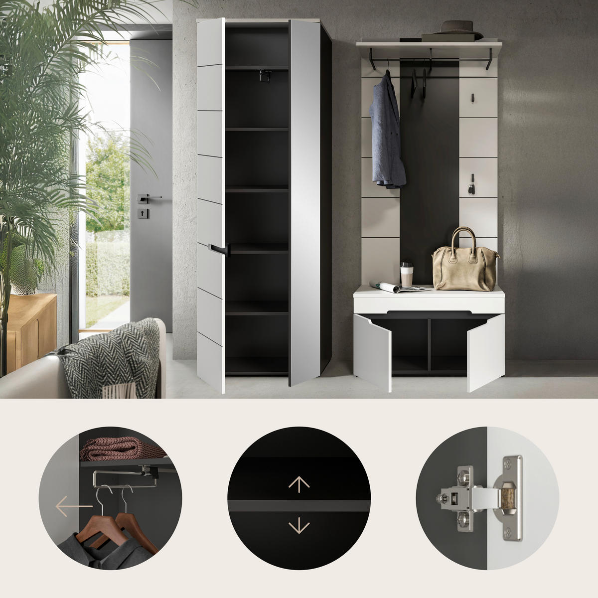 GARDEROBE 3-teilig  in 160/190/37 cm  - Weiß/Grau, Basics, Holzwerkstoff (160/190/37cm) - Livetastic