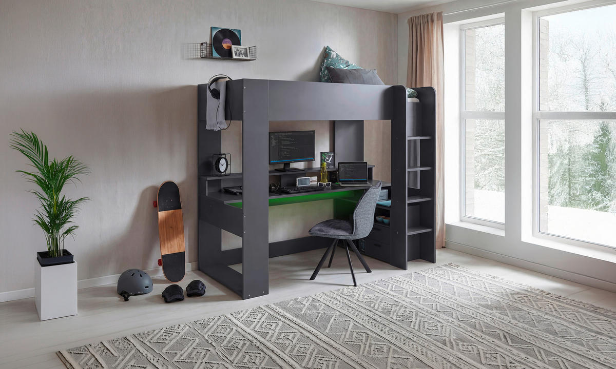 HOCHBETT 90/200 cm,  in Graphitfarben, Absturzsicherung, Leiter, Schreibtisch, Beleuchtung  - Graphitfarben, KONVENTIONELL, Holzwerkstoff (90/200cm) - Carryhome