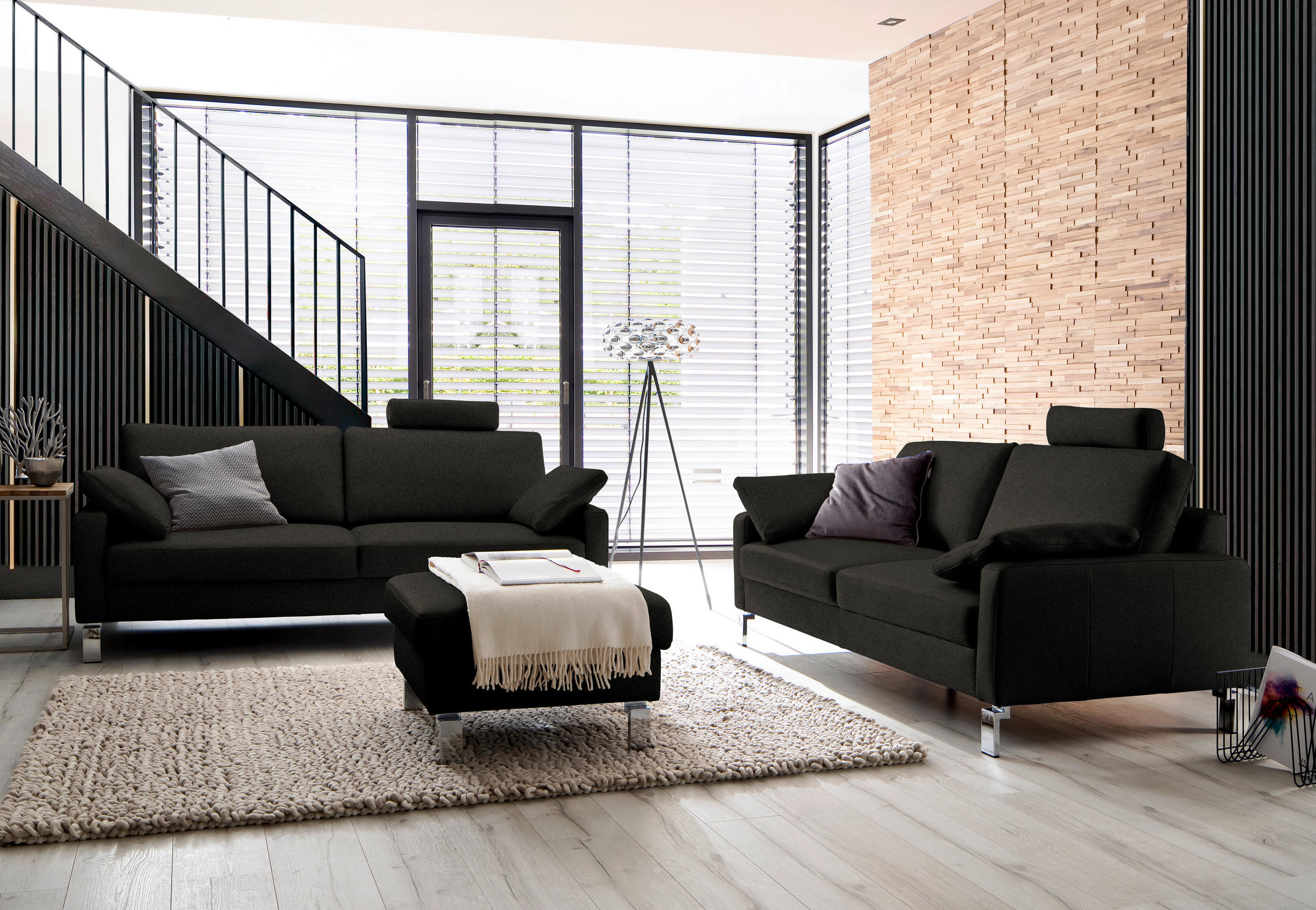 3-SITZER-SOFA in Echtleder Schwarz  - Chromfarben/Schwarz, Design, Leder/Metall (204/81/97cm) - Pure Home Lifestyle