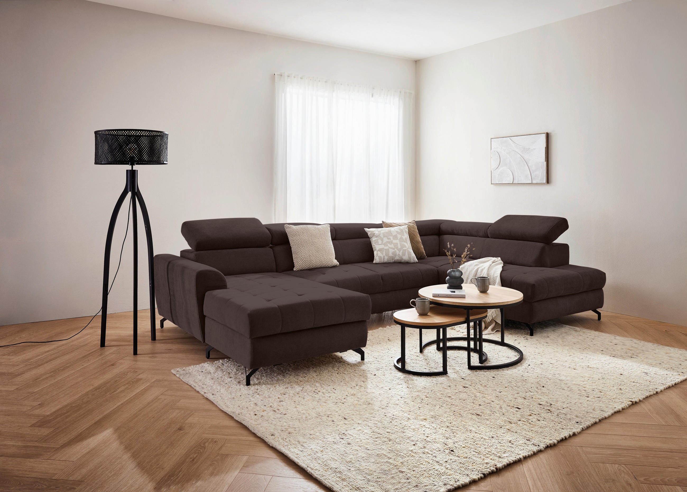 WOHNLANDSCHAFT Dunkelbraun Struktur  - Dunkelbraun/Schwarz, Design, Textil/Metall (177/327/203cm) - Stylife