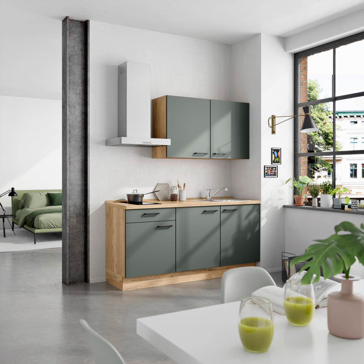 KÜCHENBLOCK Easytouch 180 cm  in Eichefarben, Dunkelgrün  - Dunkelgrün/Eichefarben, MODERN, Holzwerkstoff/Metall (180cm) - Nobilia
