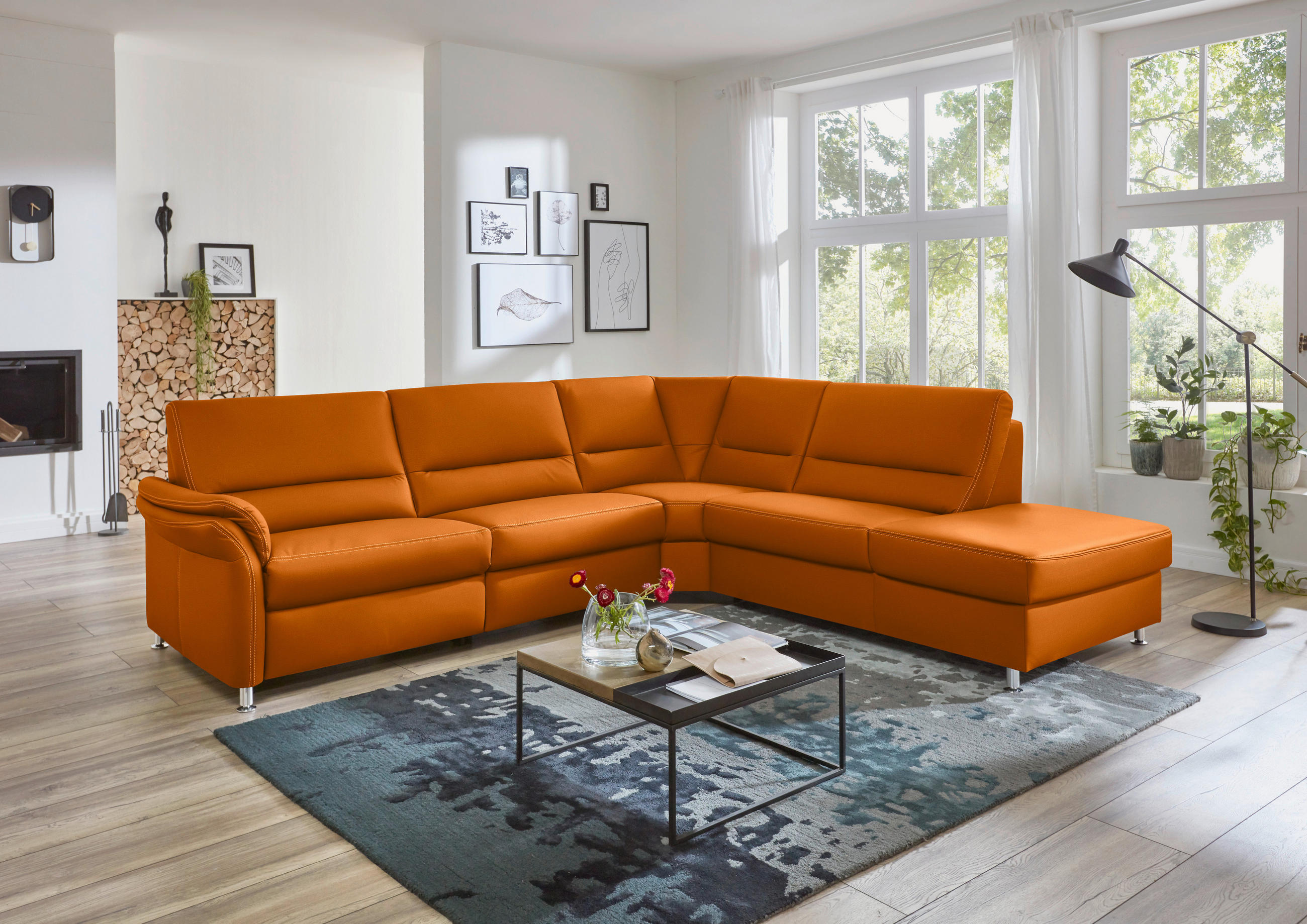 ECKSOFA in Echtleder Orange  - Beige/Alufarben, Design, Leder/Metall (288/249cm) - Beldomo Premium