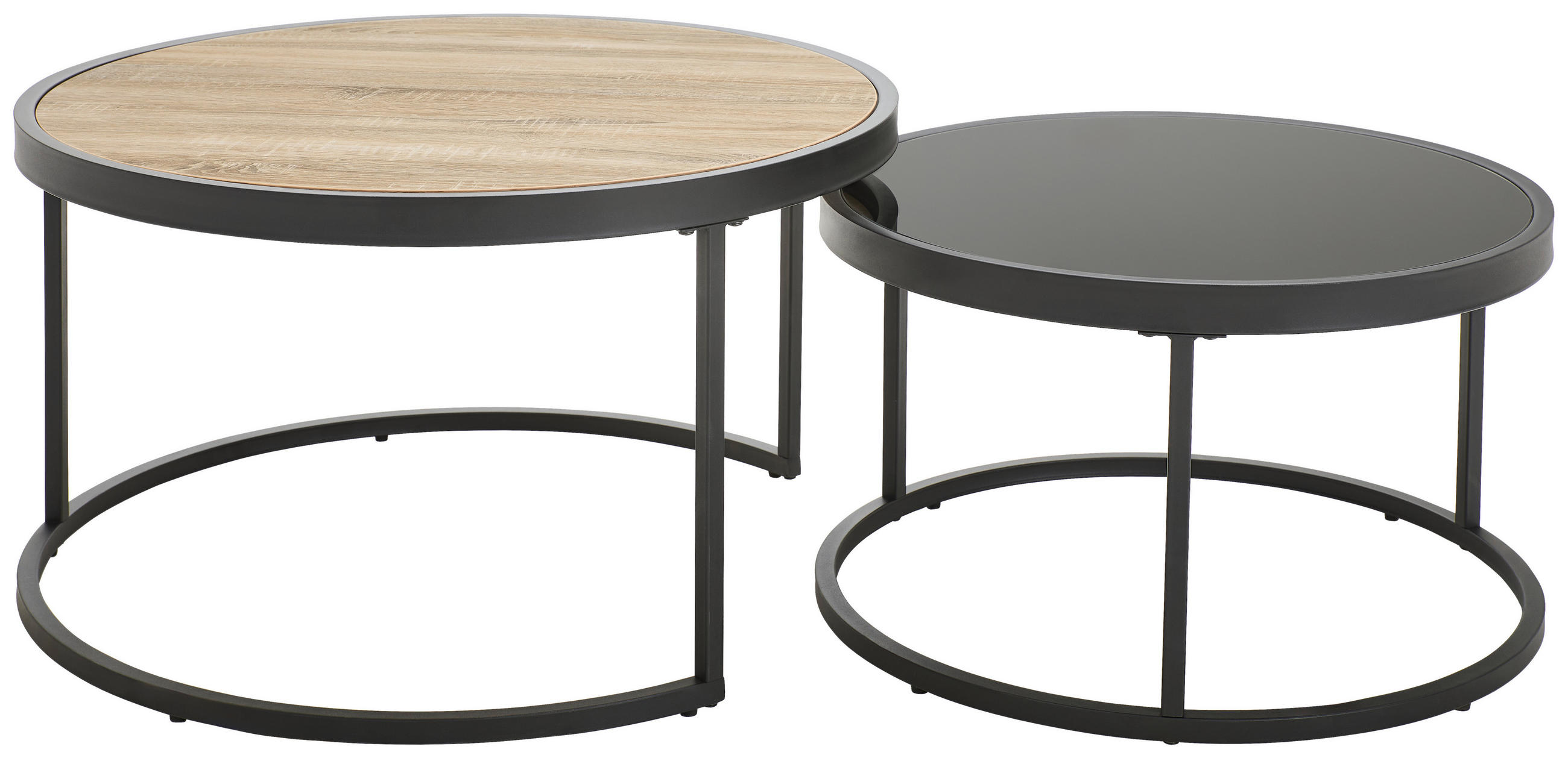 COUCHTISCHSET ESG 80/65/80/65/40/38 cm rund Schwarz, Eichefarben  - Eichefarben/Schwarz, Design, Glas/Holzwerkstoff (80/65/80/65/40/38cm) - MID.YOU