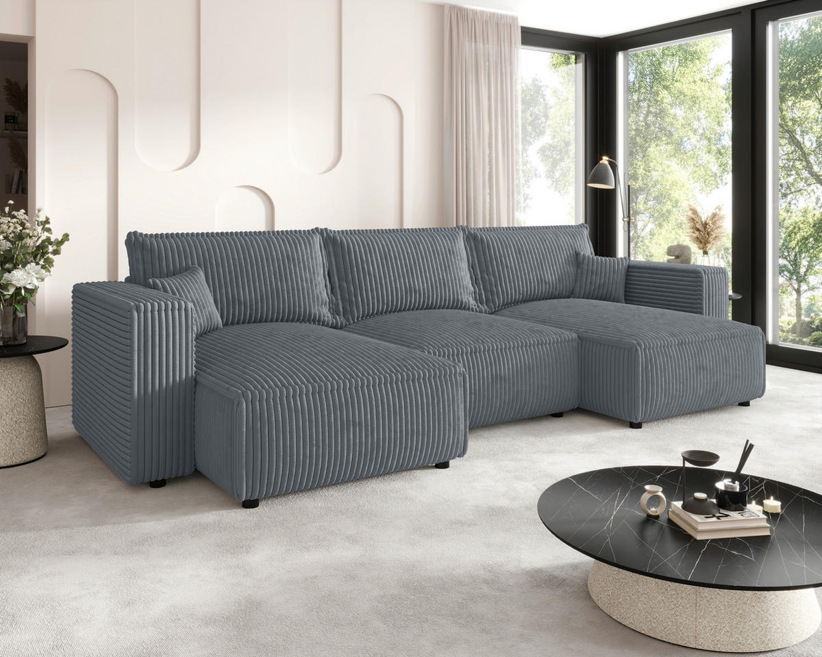 WOHNLANDSCHAFT Grau Cord  - Schwarz/Grau, MODERN, Kunststoff/Textil (153/350/153cm) - Xora