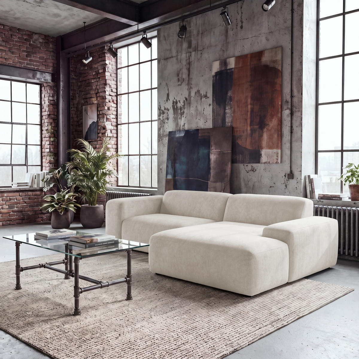 ECKSOFA HANNAH Creme Cord  - Creme/Schwarz, Design, Kunststoff/Textil (252/170cm) - MID.YOU
