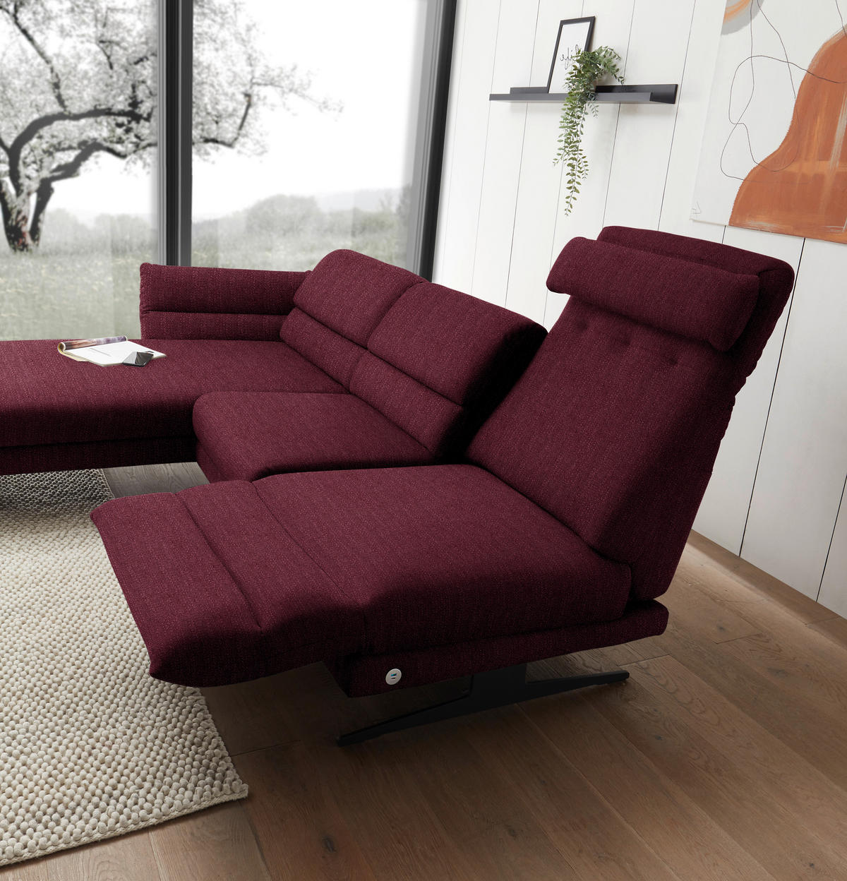 ECKSOFA in Flachgewebe Weinrot  - Weinrot/Schwarz, Design, Textil/Metall (176-217/279-327cm) - Dieter Knoll