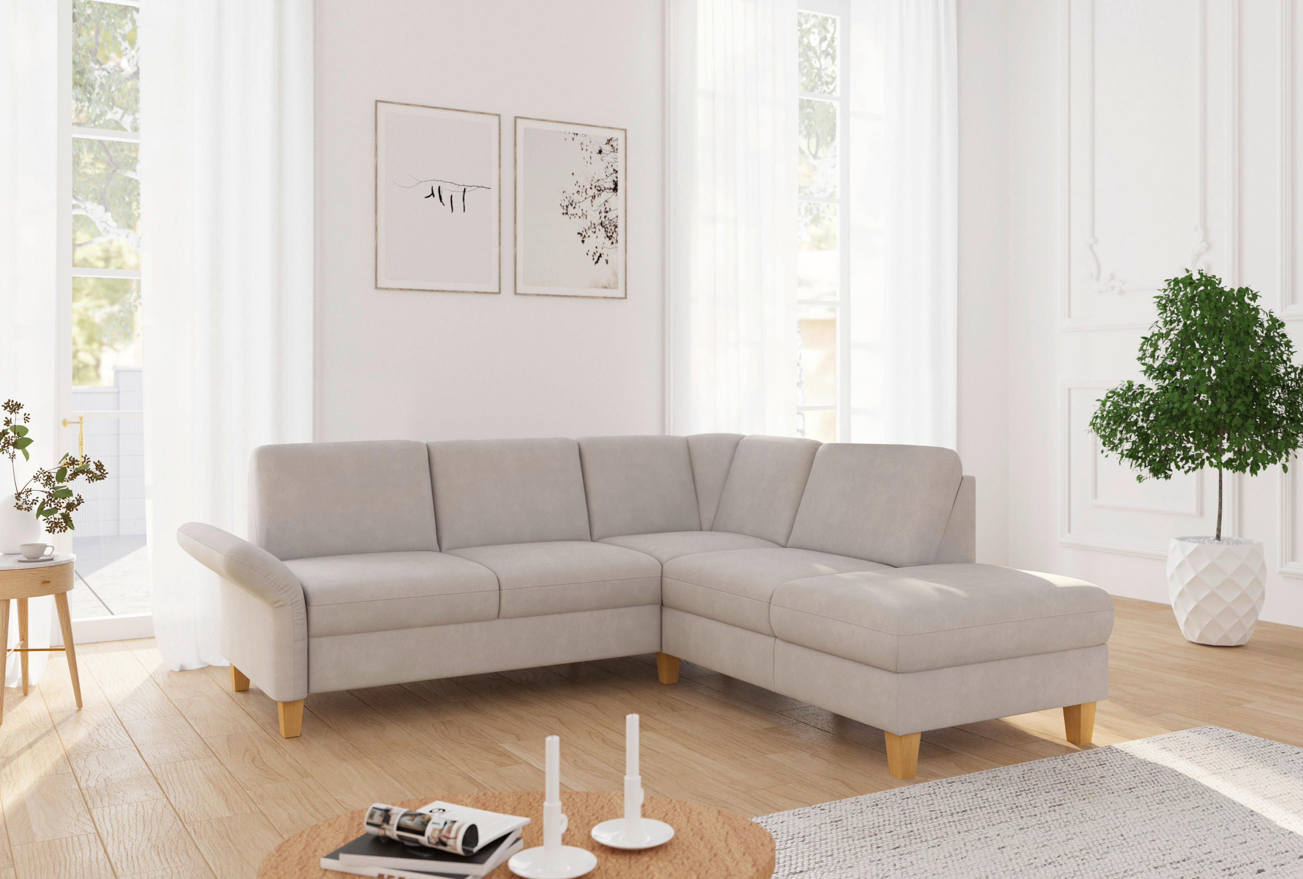 ECKSOFA ROCHELLE E Greige Flachgewebe  - Greige/Eichefarben, KONVENTIONELL, Holz/Textil (240/216cm) - Sit & More
