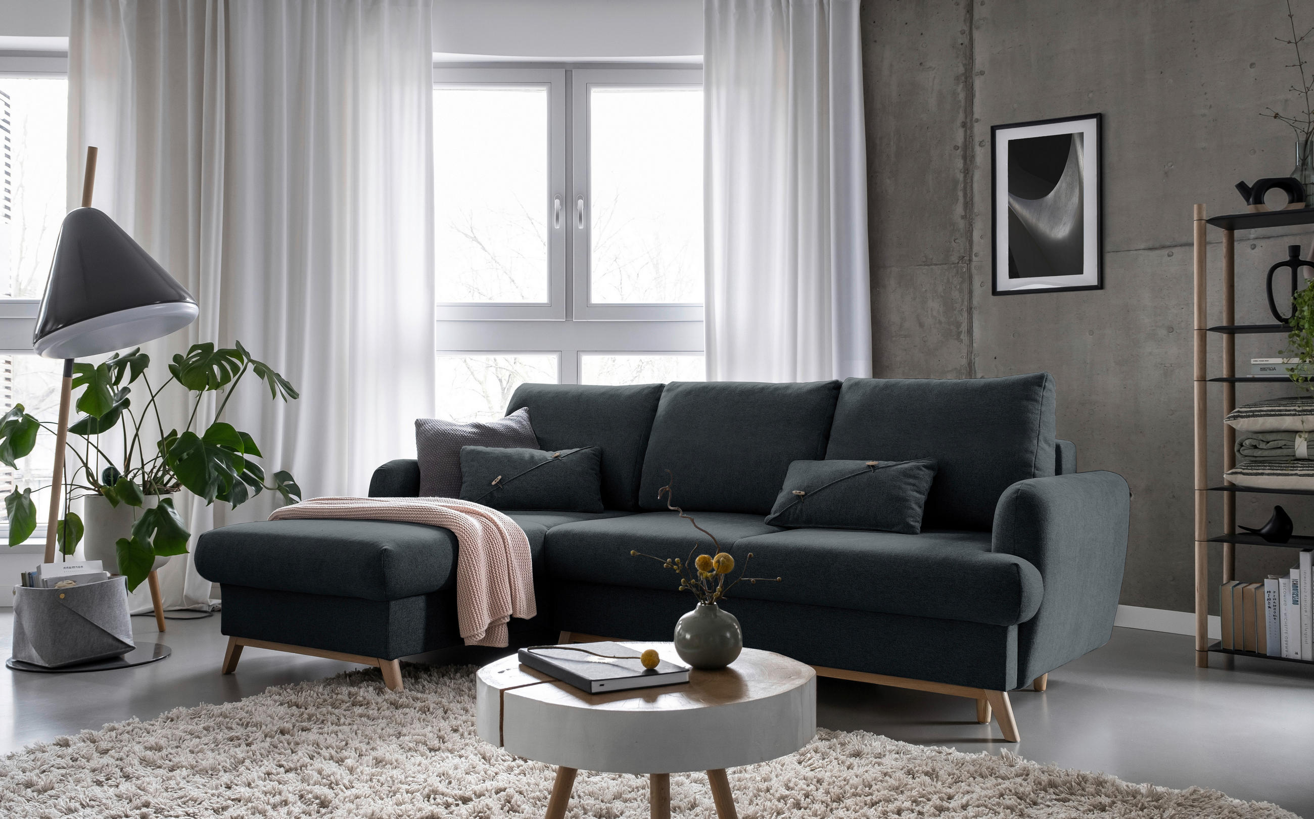 ECKSOFA in Chenille Dunkelgrau  - Dunkelgrau/Naturfarben, Holz/Textil (157/235cm) - MID.YOU