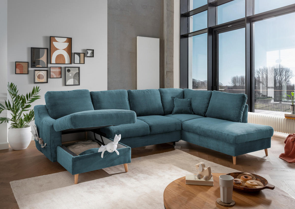 WOHNLANDSCHAFT in Cord Petrol  - Petrol/Naturfarben, KONVENTIONELL, Holz/Textil (150/301/200cm) - P & B