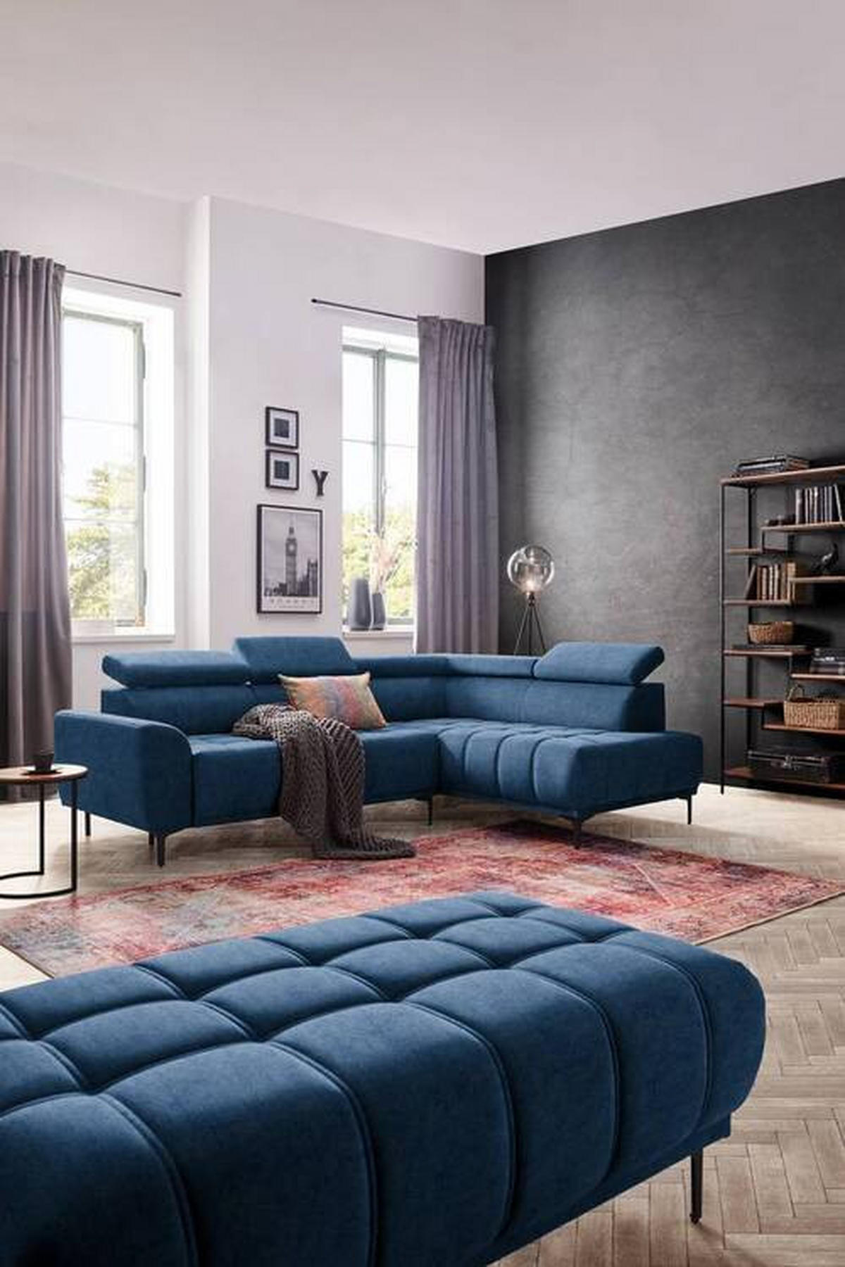 ECKSOFA in Velours Dunkelblau  - Schwarz/Dunkelblau, Design, Textil/Metall (261/191cm) - Stylife