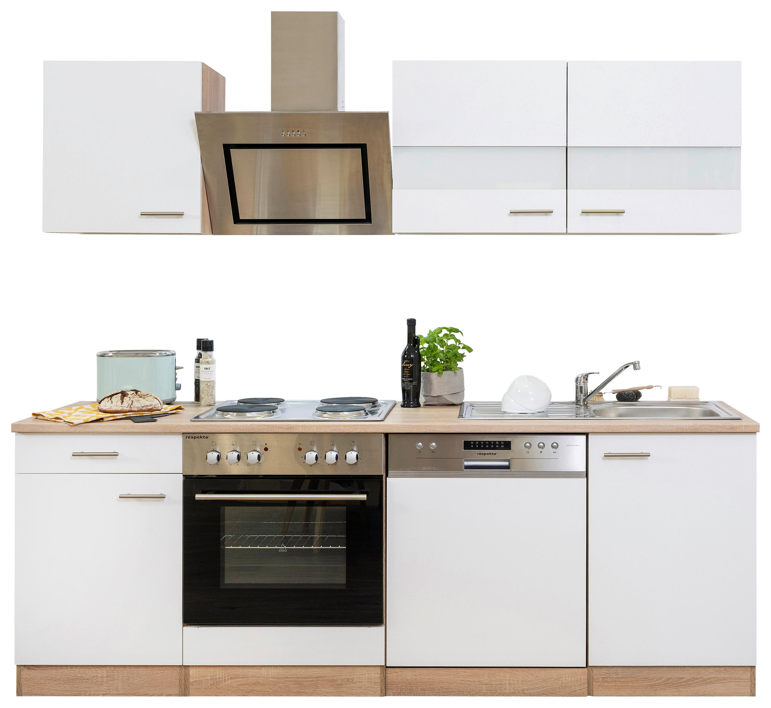 KÜCHENBLOCK 220 cm in Weiß - Edelstahlfarben/Eichefarben, Basics, Holzwerkstoff/Metall (220cm) - Respekta
