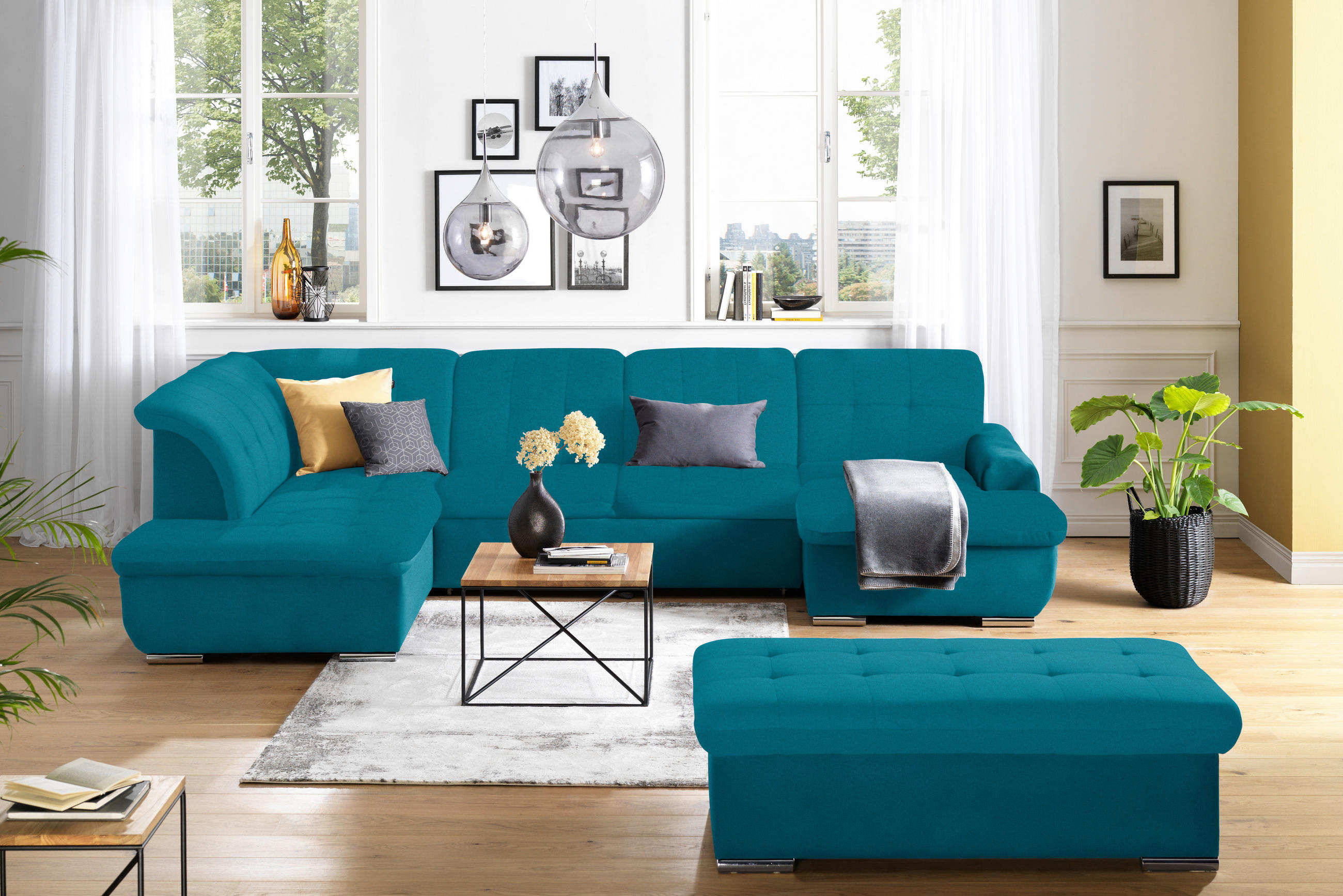WOHNLANDSCHAFT in Flachgewebe Petrol  - Silberfarben/Petrol, Design, Textil/Metall (208/342/145cm) - Cantus