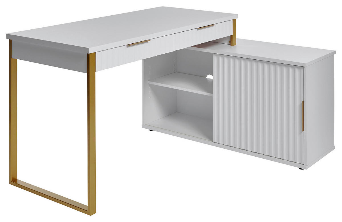 ECKSCHREIBTISCH 144/115/77 cm  in Weiß, Goldfarben  - Goldfarben/Weiß, MODERN, Holzwerkstoff/Metall (144/115/77cm) - MID.YOU
