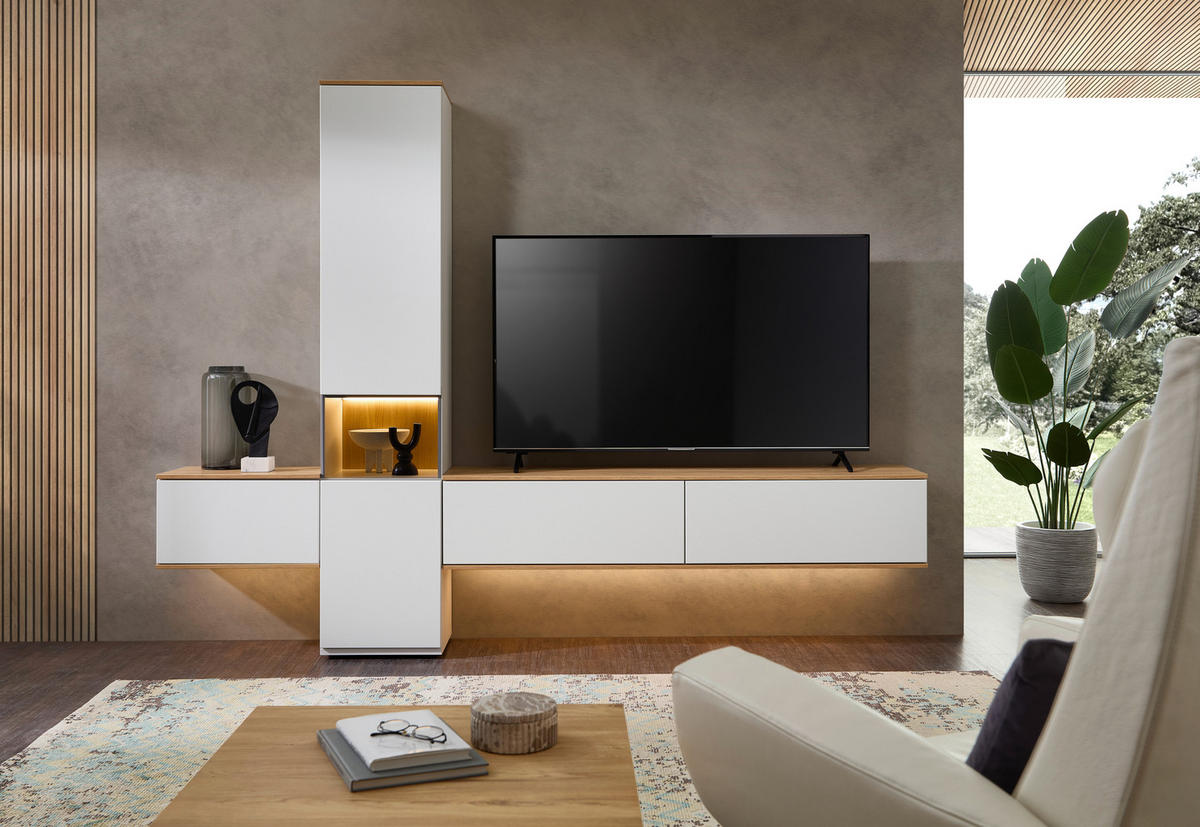 WOHNWAND  in Weiß, Eichefarben  285/215/40 cm  - Eichefarben/Schwarz, KONVENTIONELL, Glas/Holzwerkstoff (285/215/40cm) - Venda