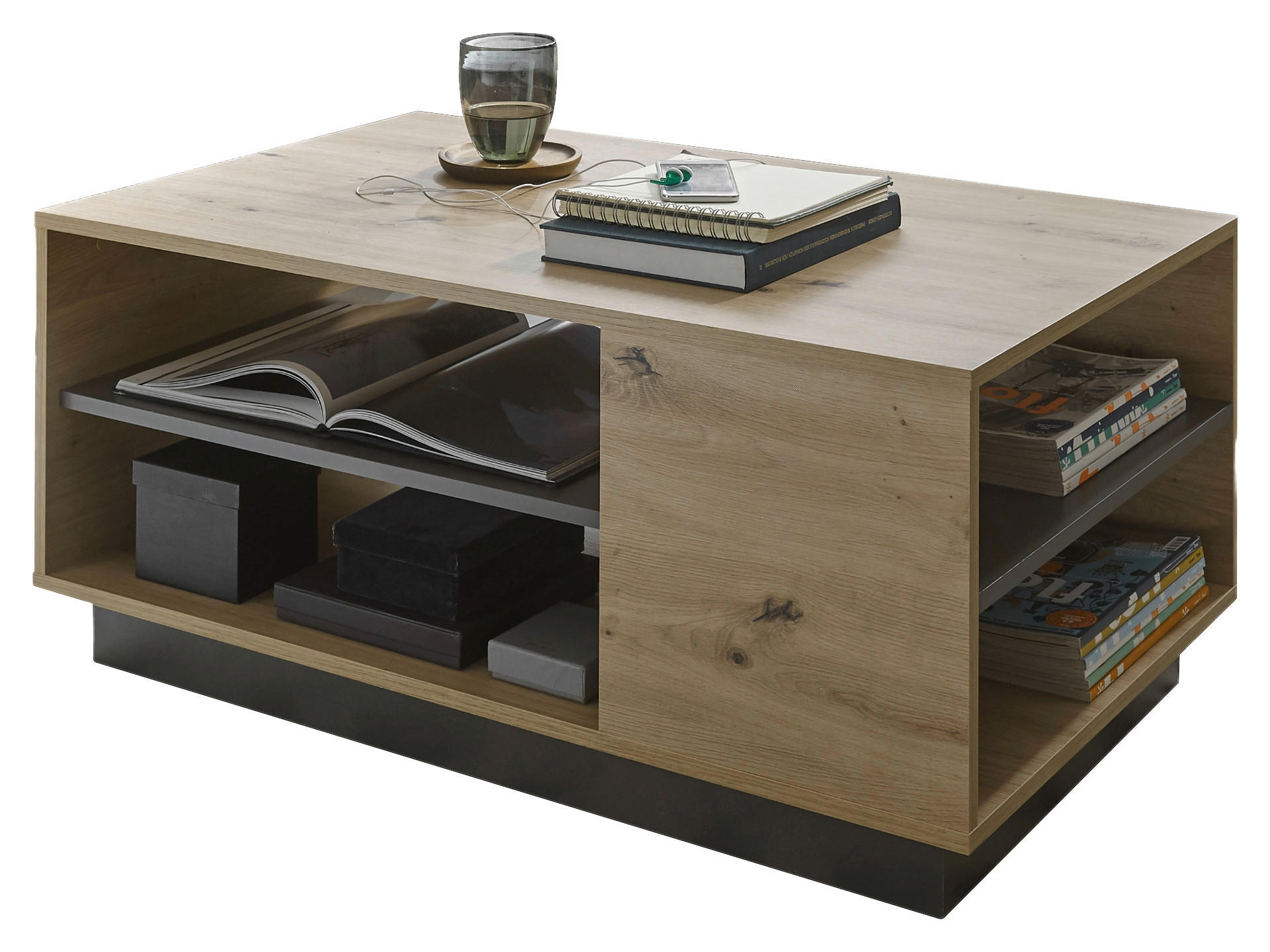 Thumbnail - Mid.you Couchtisch, Grau, Eiche Artisan, Holzwerkstoff, rechteckig, Sockel, 100x46x60 cm, offenes Fach, Wohnzimmer, Wohn...