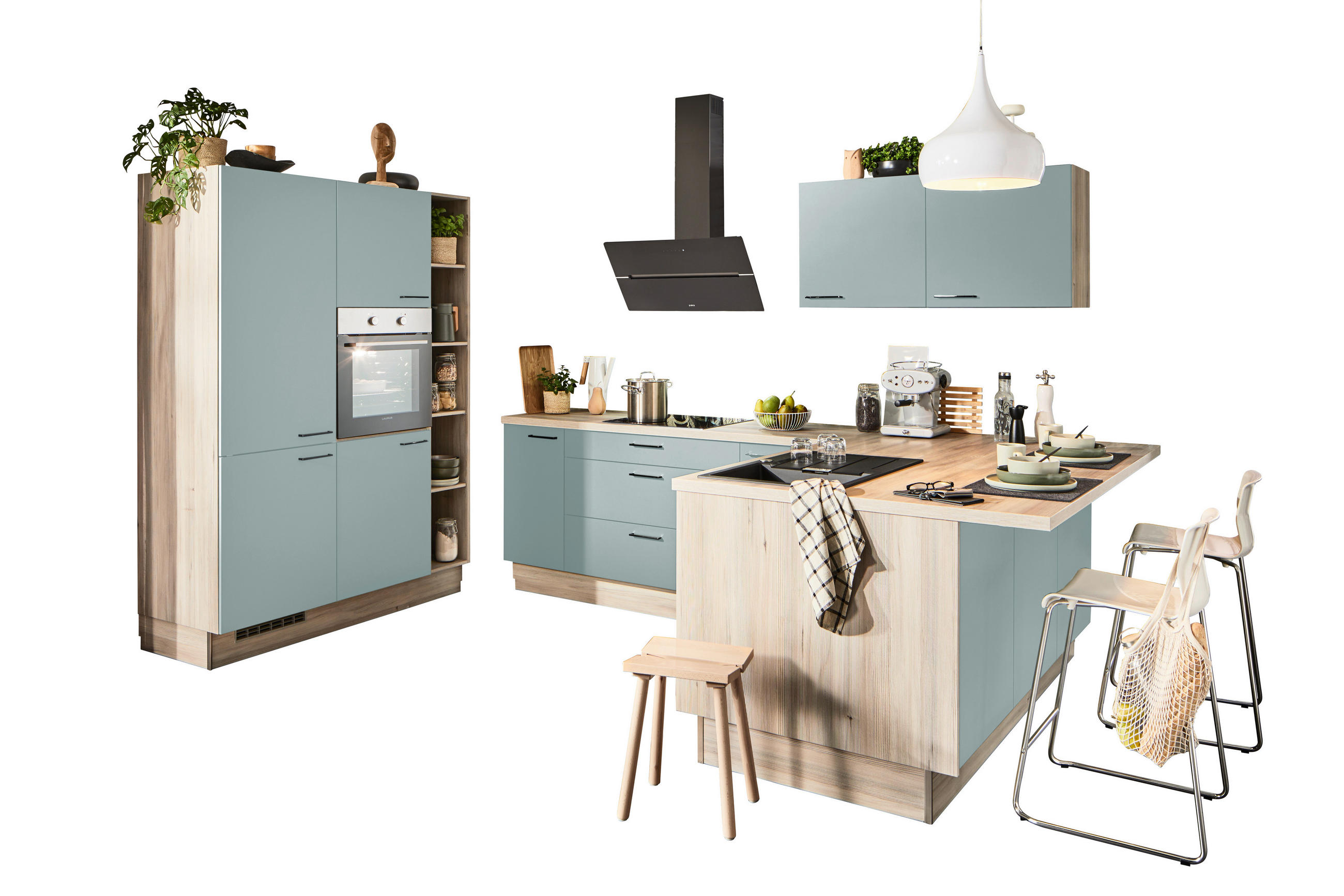 ECKKÜCHE XO 15  in Salbeigrün, Tannenholzfarben  - Salbeigrün/Tannenholzfarben, Design, Holzwerkstoff/Metall (150/280/121,6cm) - Xora