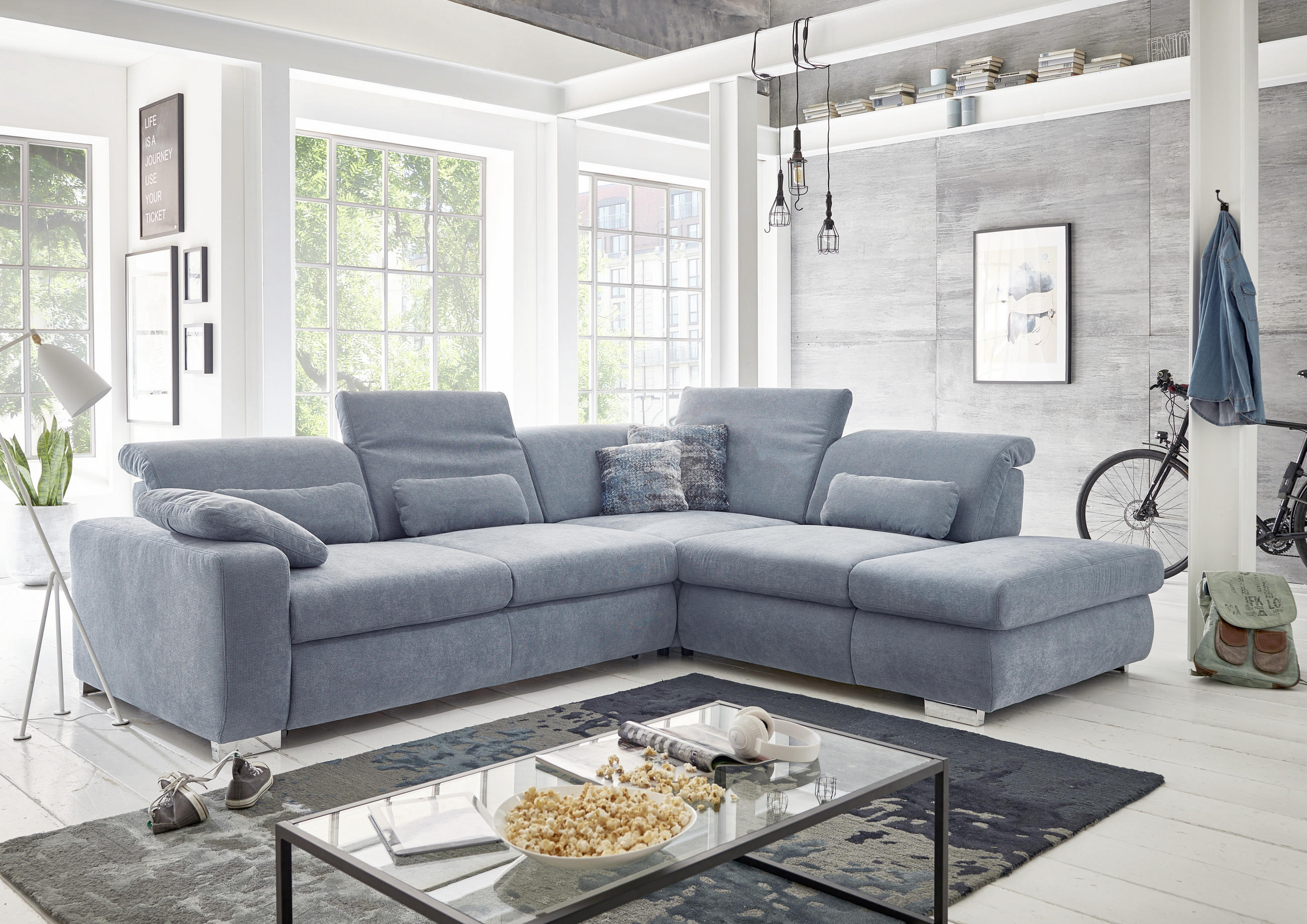 ECKSOFA Hellblau Flachgewebe  - Chromfarben/Hellblau, Design, Textil/Metall (260/301cm) - Beldomo Style