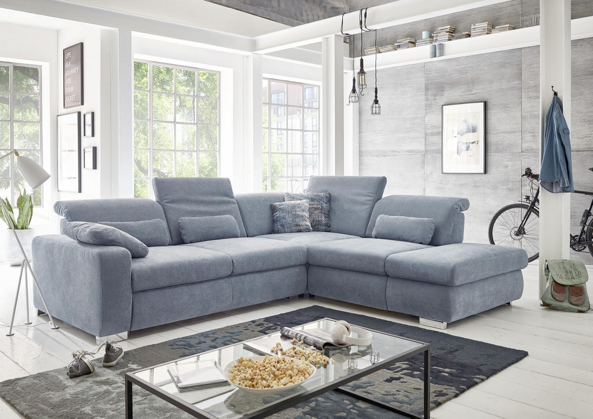 ECKSOFA in Flachgewebe Hellblau  - Chromfarben/Hellblau, Design, Textil/Metall (301/260cm) - Beldomo Style