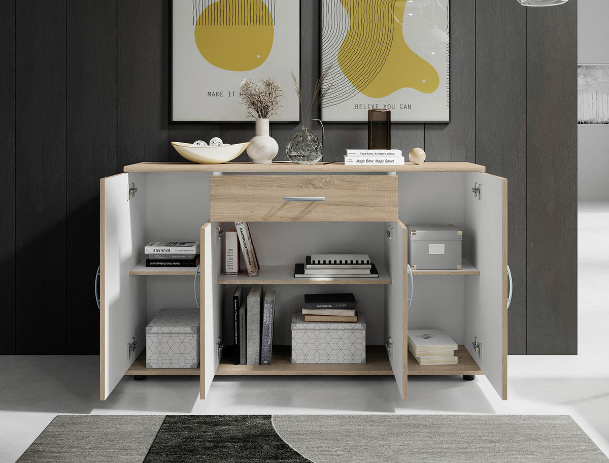 KOMÓD 118/70/30 cm  - ezüst/Sonoma tölgy, Design, műanyag/faalapú anyag (118/70/30cm) - Boxxx