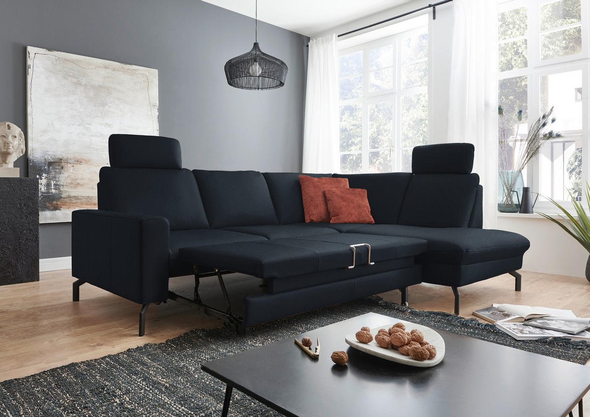 ECKSOFA in Echtleder Dunkelblau  - Schwarz/Dunkelblau, Design, Leder/Metall (250/194cm) - Beldomo Premium