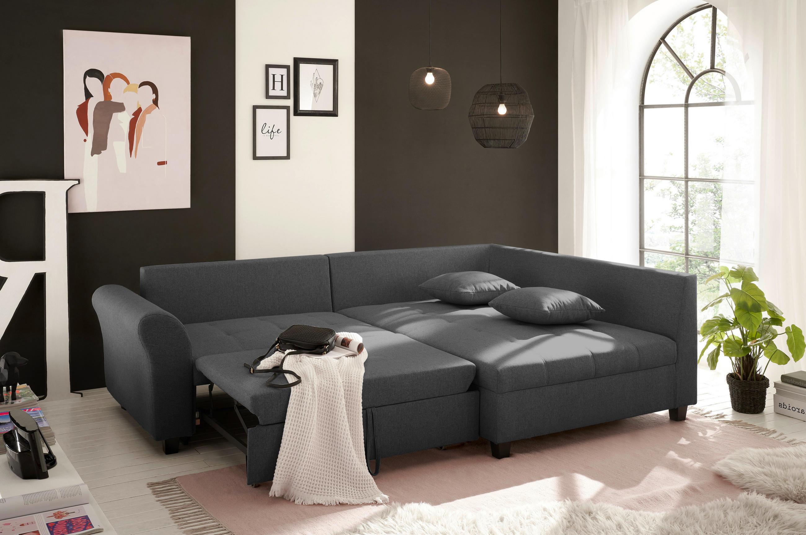 ECKSOFA in Webstoff Anthrazit  - Anthrazit/Schwarz, Modern, Kunststoff/Textil (252/175cm) - Livetastic
