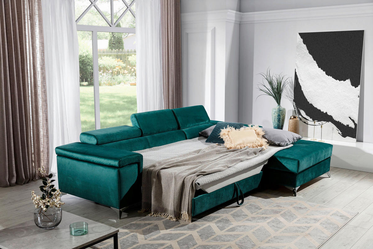 ECKSOFA  Grün Samt  - Silberfarben/Grün, Design, Textil/Metall (281/205cm) - MID.YOU