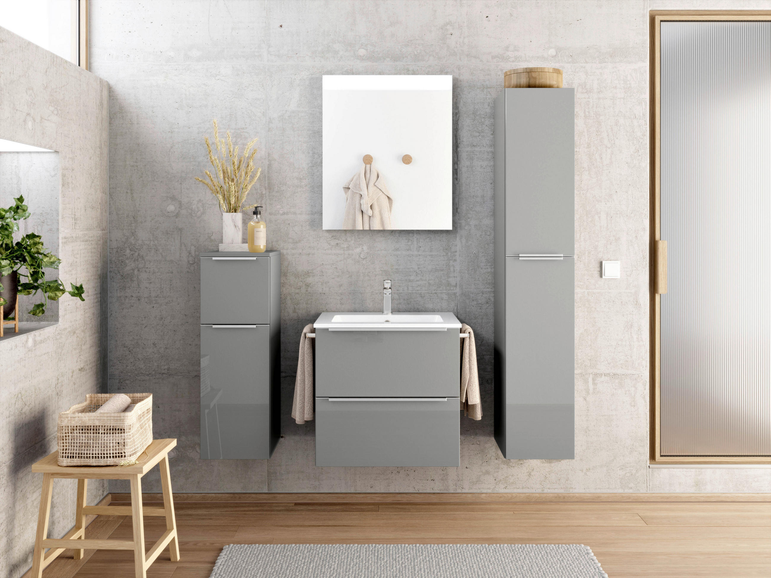 BADEZIMMER 5-teilig  in 121 cm  - Schieferfarben/Edelstahlfarben, MODERN, Holzwerkstoff/Stein (121cm) - Nobilia
