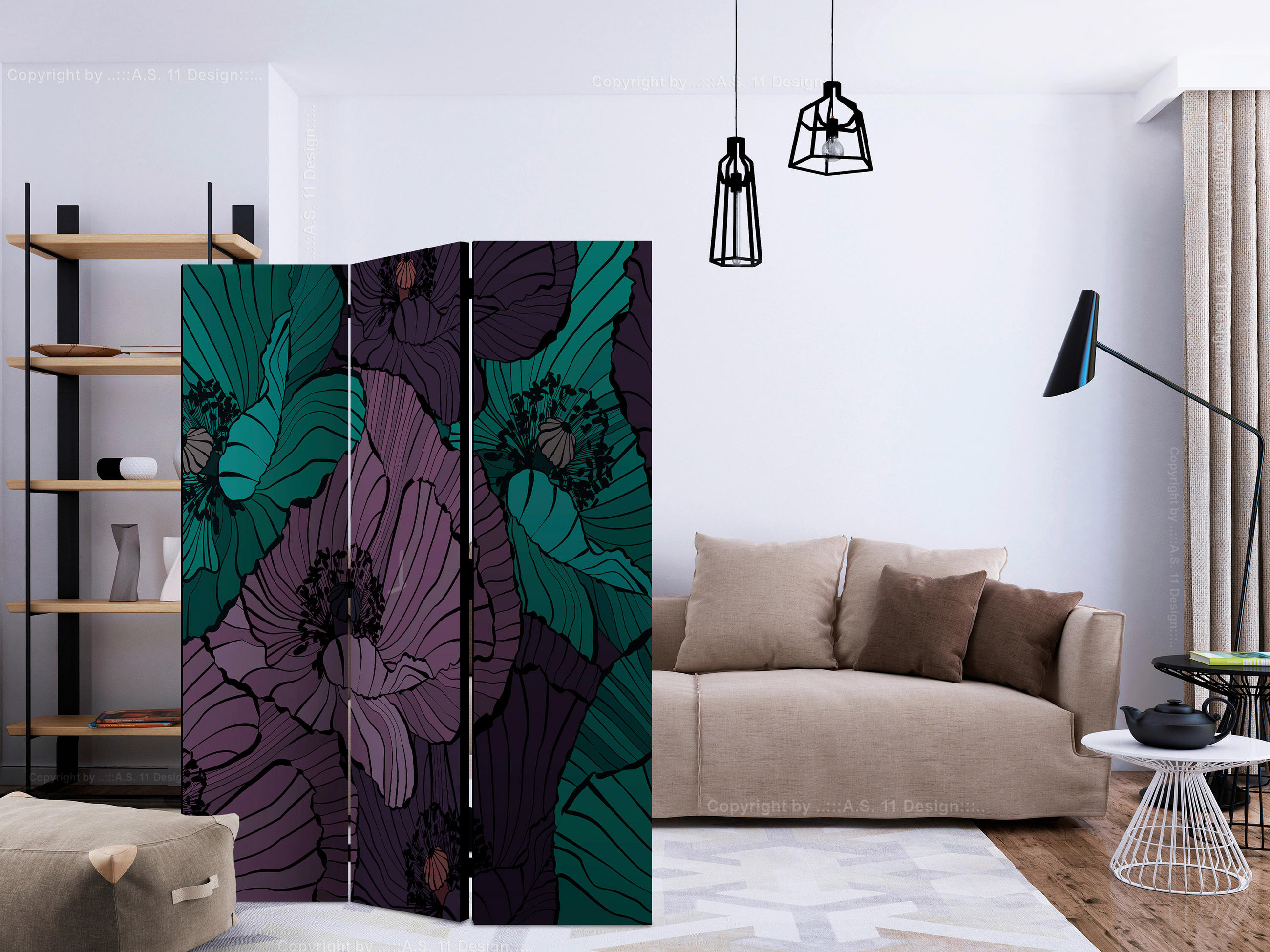 PARAVENT mit 3  Flügel - Violett/Mintgrün, Basics, Holz/Textil (135/172/3cm) - artgeist