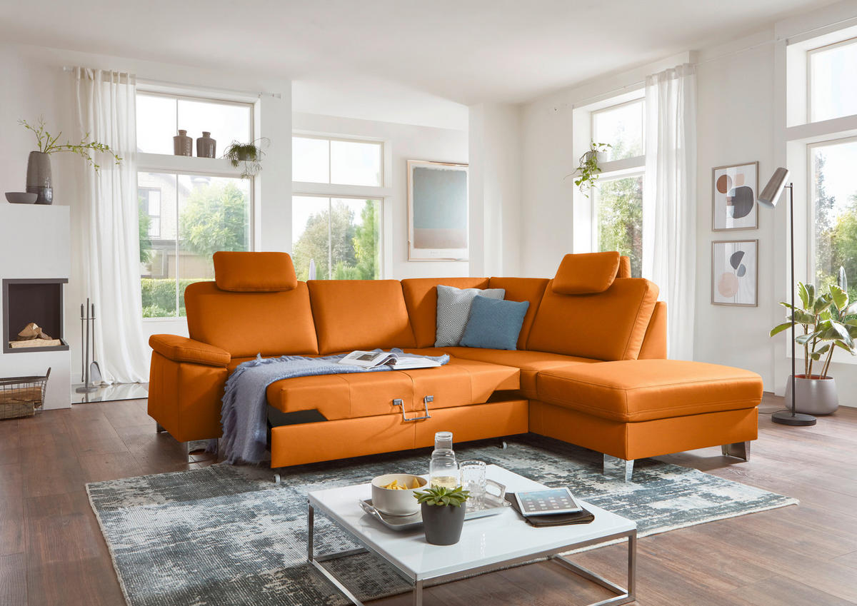 ECKSOFA  in Echtleder Orange  248/235 cm  - Beige/Alufarben, Design, Leder/Metall (248/235cm) - Beldomo Premium