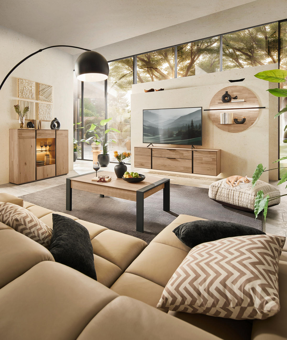 WOHNWAND  in Eichefarben  276/194/44 cm  - Eichefarben/Anthrazit, Natur, Glas/Holz (276/194/44cm) - Valnatura