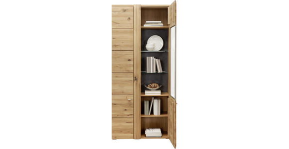 VITRINE Eiche furniert, massiv Eichefarben, Schieferfarben - Schieferfarben/Eichefarben, KONVENTIONELL, Glas/Holz (89/205/38cm) - Voleo