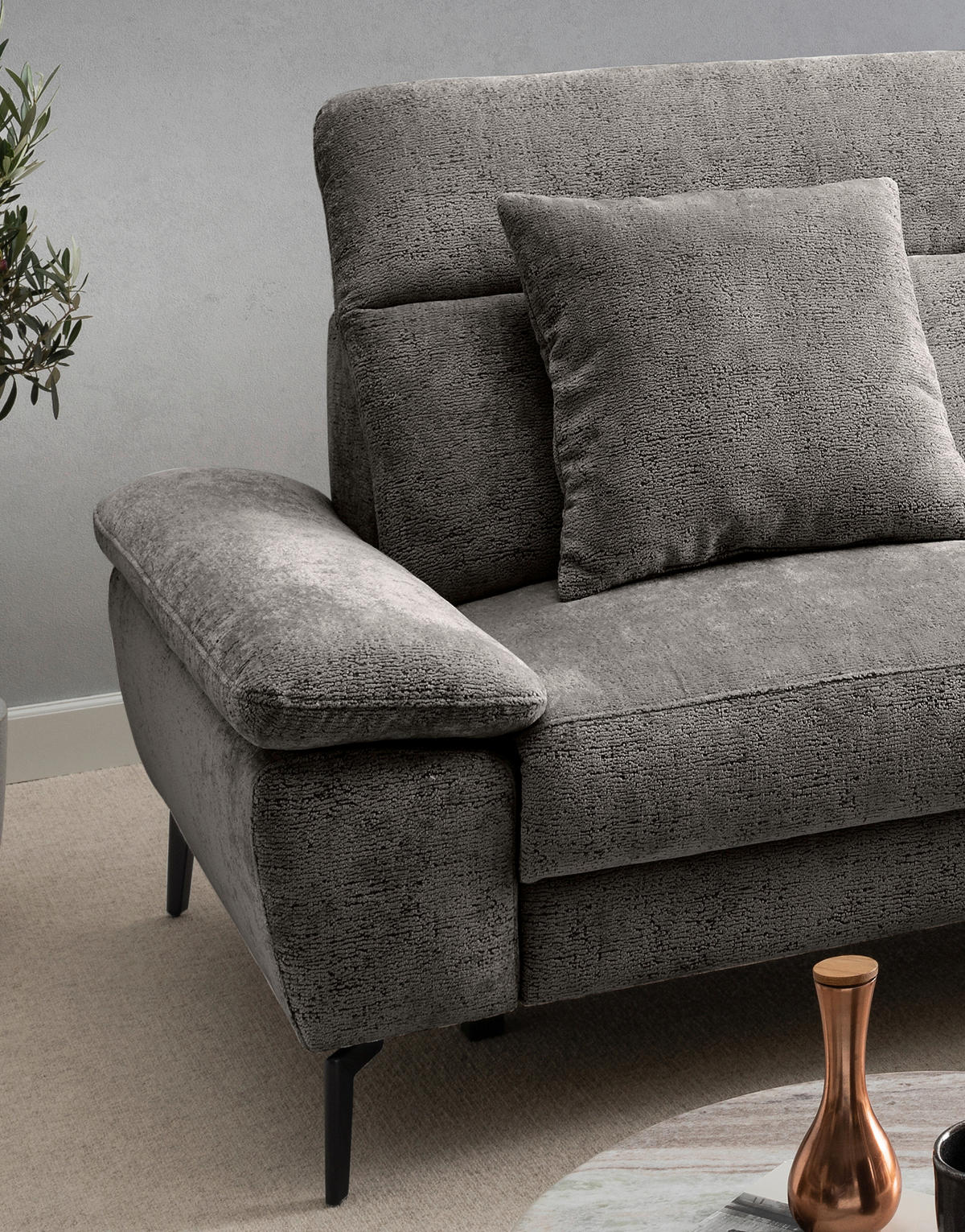 ECKSOFA CANCELLI Anthrazit Struktur Zierkissen, Kopfteilverstellung  - Anthrazit/Schwarz, KONVENTIONELL, Textil/Metall (300/178cm) - Livetastic