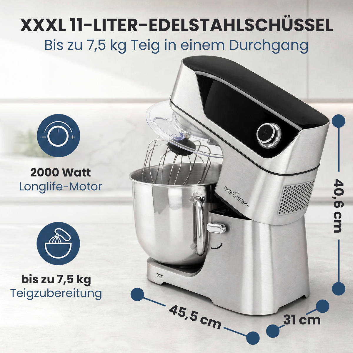 KÜCHENMASCHINE PC-KM 1338  - Edelstahlfarben, Trend, Kunststoff/Metall (45,6/40,6/31,0cm)