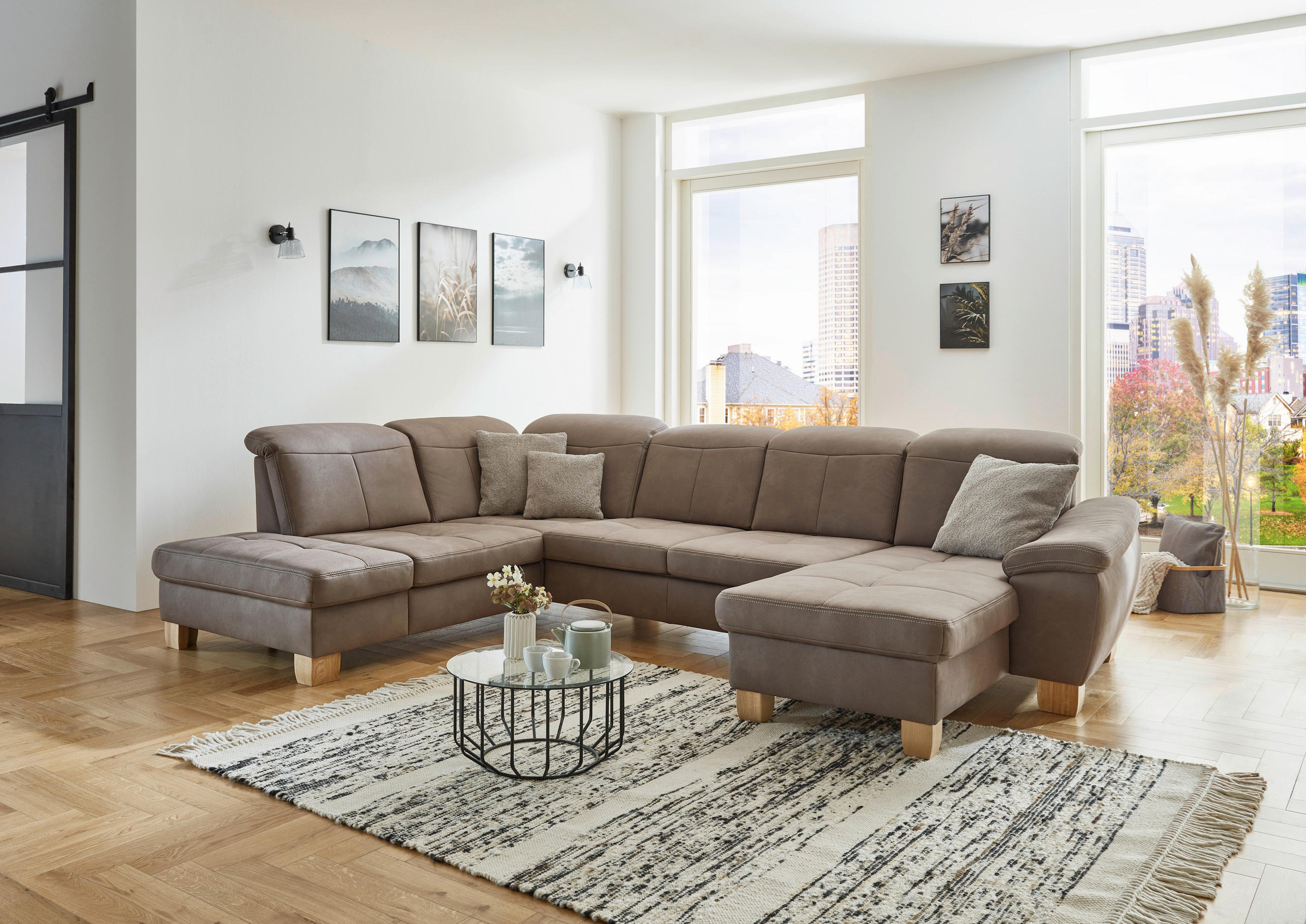 WOHNLANDSCHAFT Graubraun Mikrofaser  - Wildeiche/Graubraun, KONVENTIONELL, Holz/Textil (243/343/185cm) - Voleo