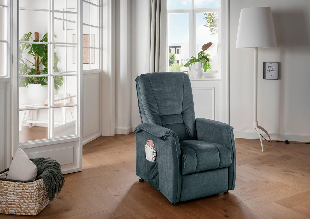 FERNSEHSESSEL  mit Relaxfunktion, Fußteilverstellung, Rücken echt Velours Dunkelblau  - Schwarz/Braun, Design, Kunststoff/Textil (77/107/88cm) - Livetastic