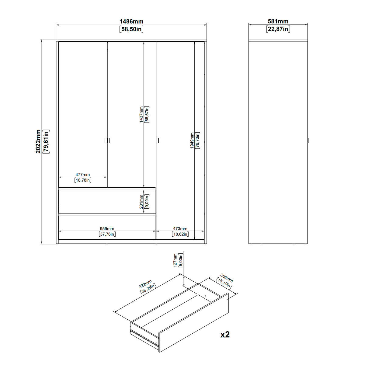 DREHTÜRENSCHRANK 149/202/58 cm 3-türig Eichefarben, Weiß  - Eichefarben/Silberfarben, KONVENTIONELL, Holzwerkstoff/Metall (149/202/58cm) - Boxxx