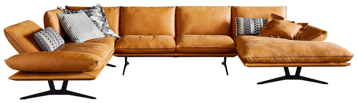 WOHNLANDSCHAFT Echtleder Currygelb  - Currygelb/Schwarz, Natur, Leder/Metall (217/359/155cm) - Dieter Knoll