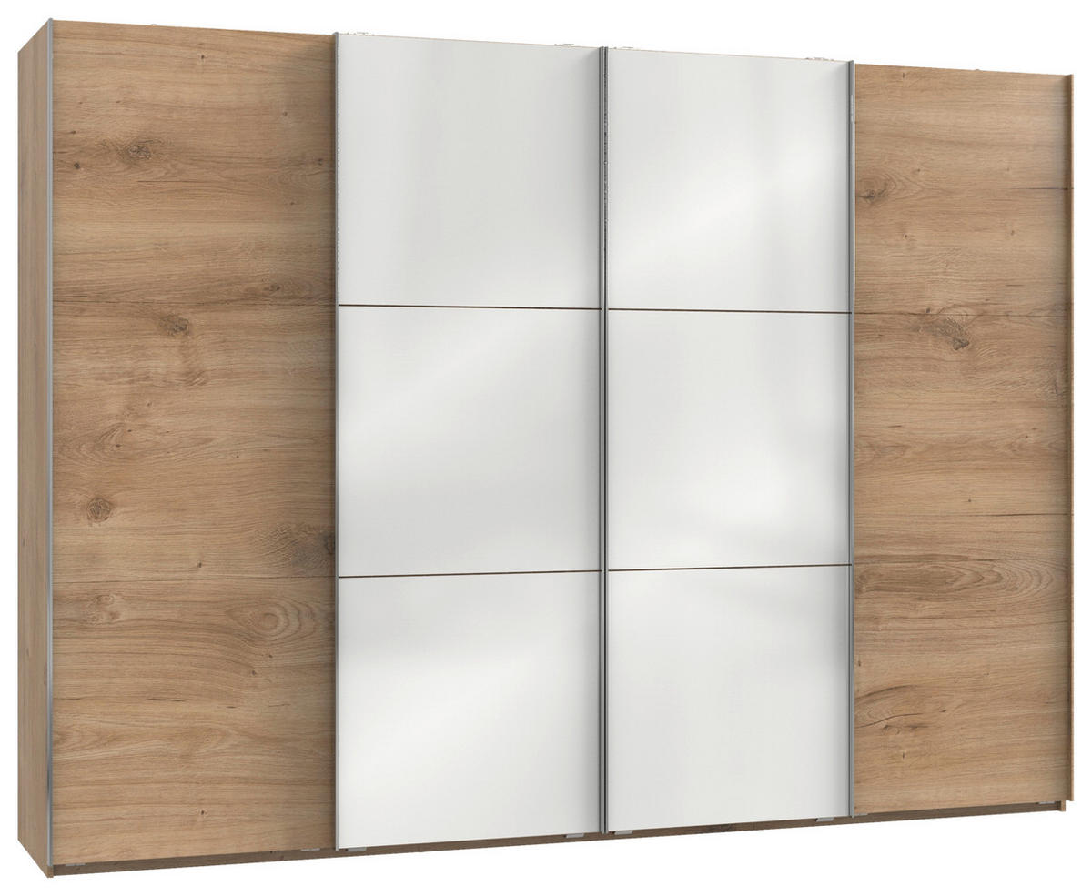 SCHWEBETÜRENSCHRANK 300/216/65 cm 4-türig Weiß, Eichefarben  - Chromfarben/Eichefarben, MODERN, Holzwerkstoff (300/216/65cm) - MID.YOU